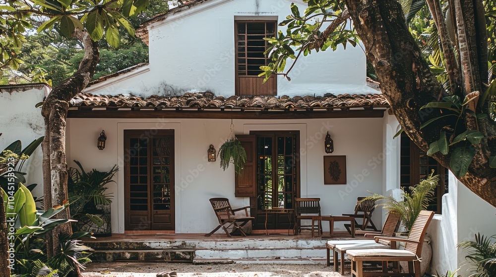 Fototapeta premium A white house, surrounded by lush greenery and trees. There is an outdoor seating area with wooden chairs under tree branches, adding to its natural charm. The entrance on one side has steps leading.