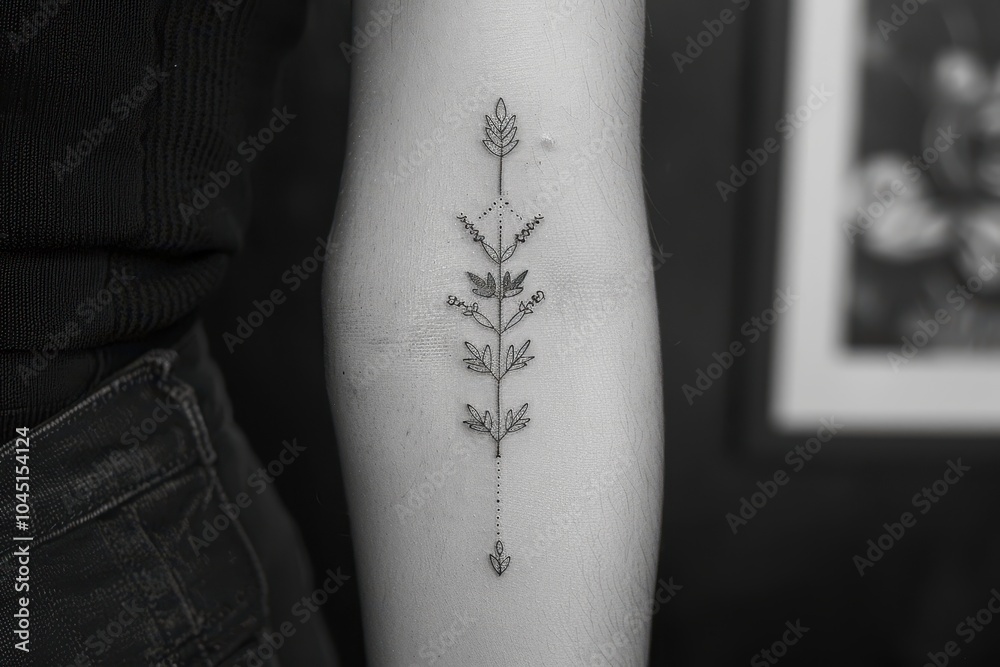 Obraz premium A minimalist arrow tattoo on the forearm, pointing forward.