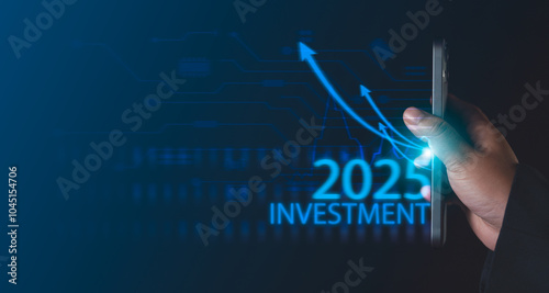 A business professional accesses financial data and business growth projections via virtual screen login. The scene highlights key insights on 2025 return analysis