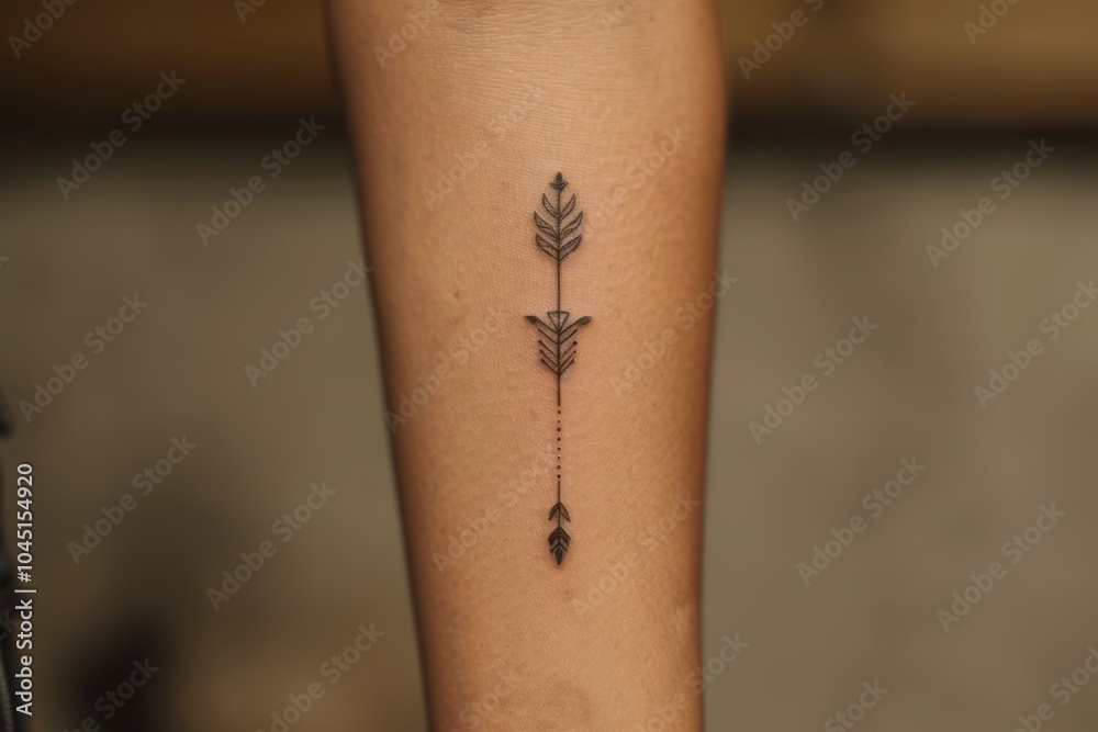 Obraz premium A minimalist arrow tattoo on the forearm, pointing forward.