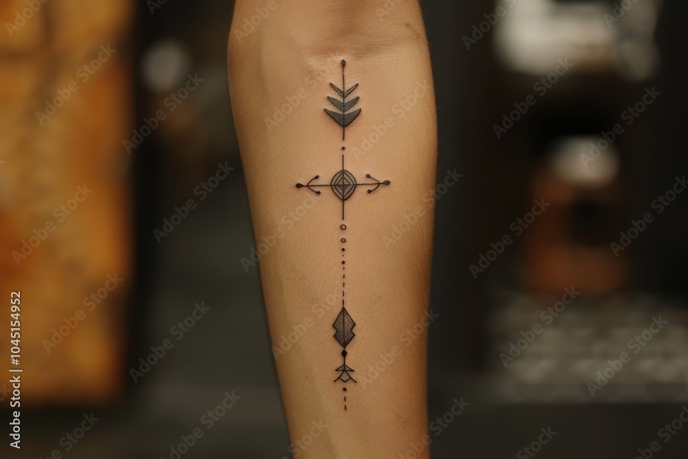 Obraz premium A minimalist arrow tattoo on the forearm, pointing forward.