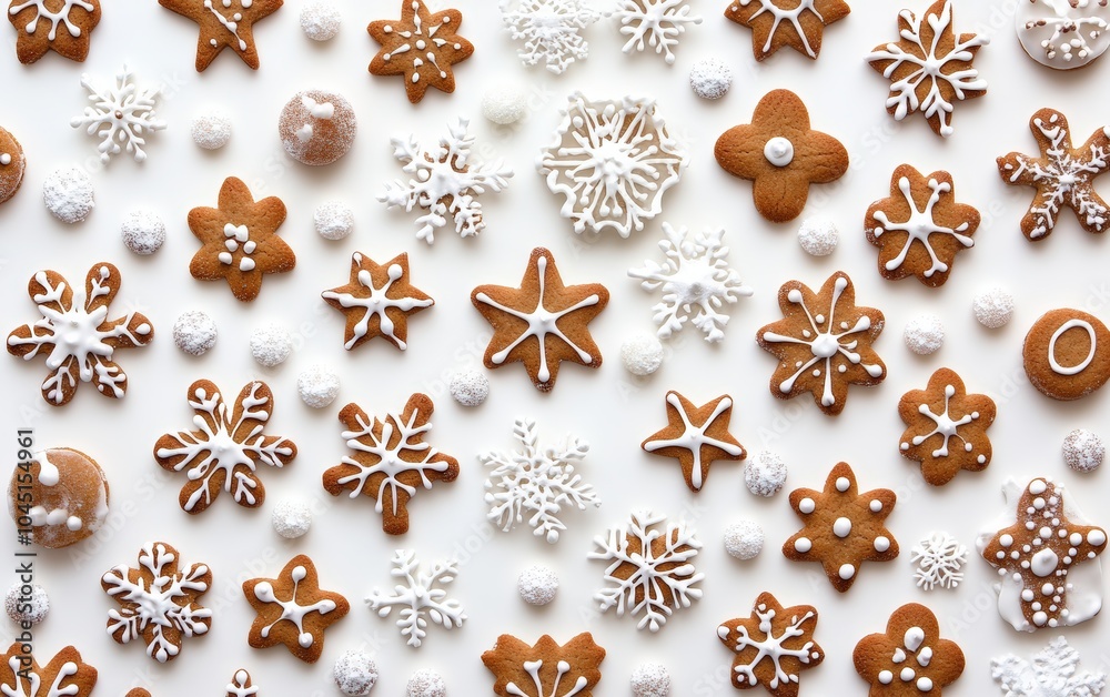 Fototapeta premium Christmas Cookies: A pattern of gingerbread cookies, snowflakes, and candy with sugar frosting, showing a soft, warm-baked texture. 