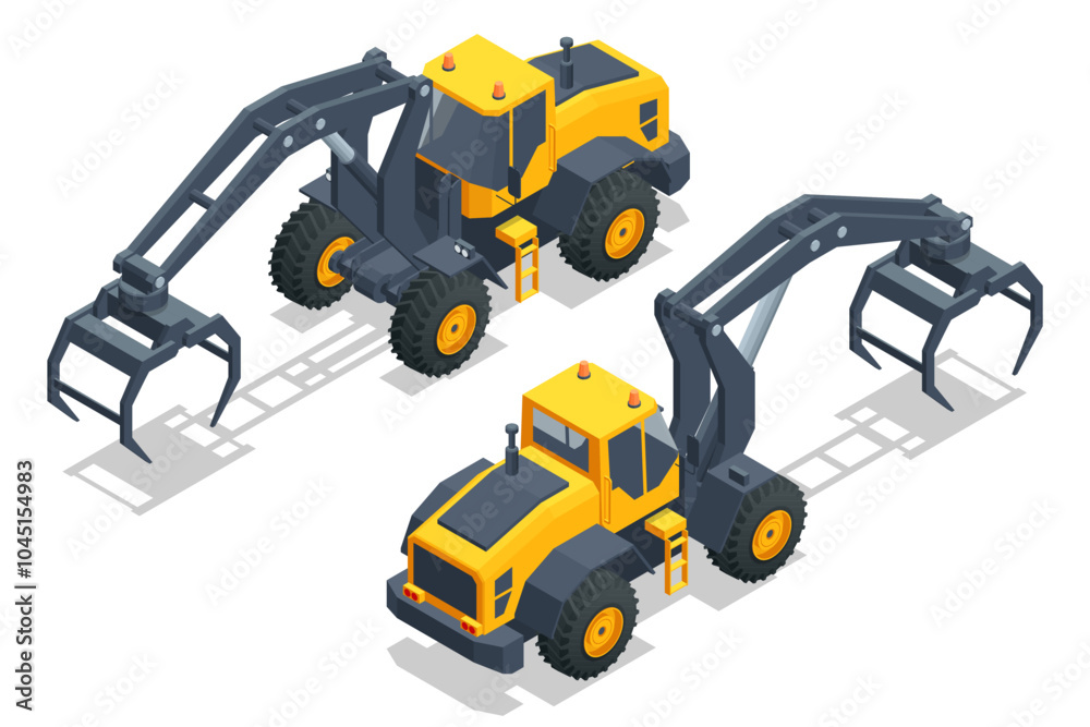 Isometric Log Loader. Loading equipment for logging. Log loader for timber, logs. The log loader moves a stack of pine logs. Lumber industry. Woodworking factory Isometric Log Loader. Loading equipment for logging. Log loader for timber, logs. The log loader moves a stack of pine logs. Lumber industry. Woodworking factory