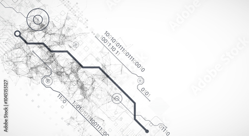 Abstract background on technological and scientific topics. Plexus effect with various techno details. Hand drawn vector.