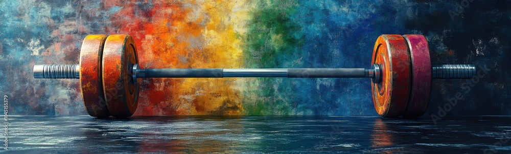 Large metal barbell with a rainbow painted background