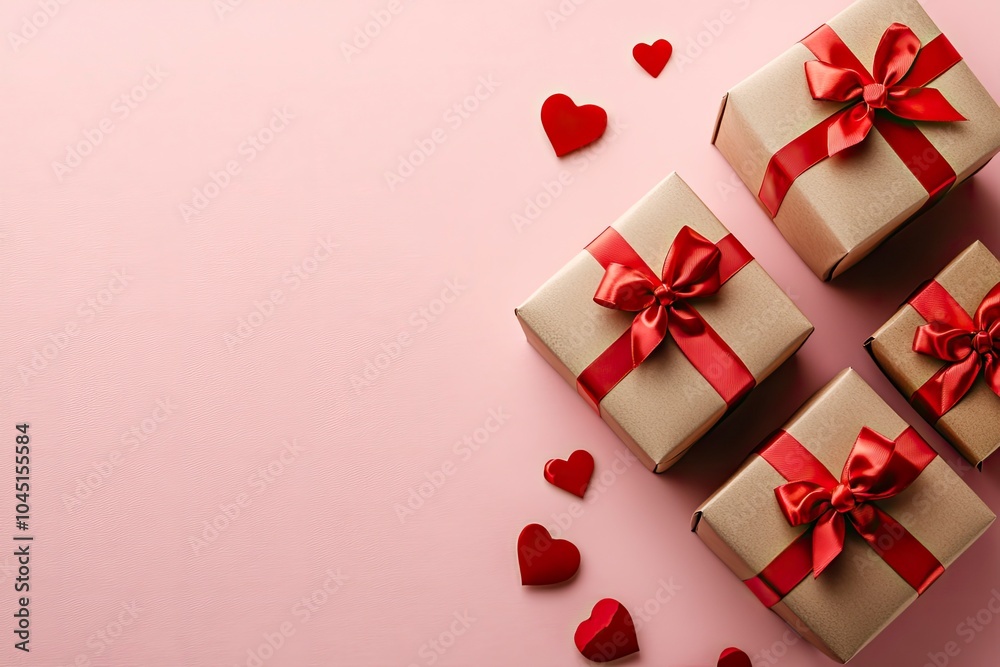 Gift boxes with red ribbon bow and hearts on pastel pink background. Happy Valentines Day concept with generative ai Gift boxes with red ribbon bow and hearts on pastel pink background. Happy Valentines Day concept with generative ai