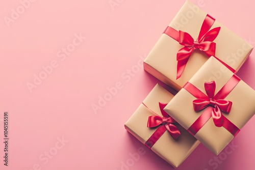 Gift boxes with red ribbon bow and hearts on pastel pink background. Happy Valentines Day concept with generative ai