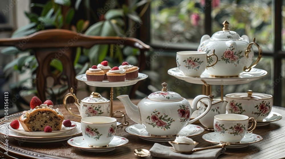 Elegant Floral Tea Set with Cupcakes and Cake on Wooden Table Elegant Floral Tea Set with Cupcakes and Cake on Wooden Table