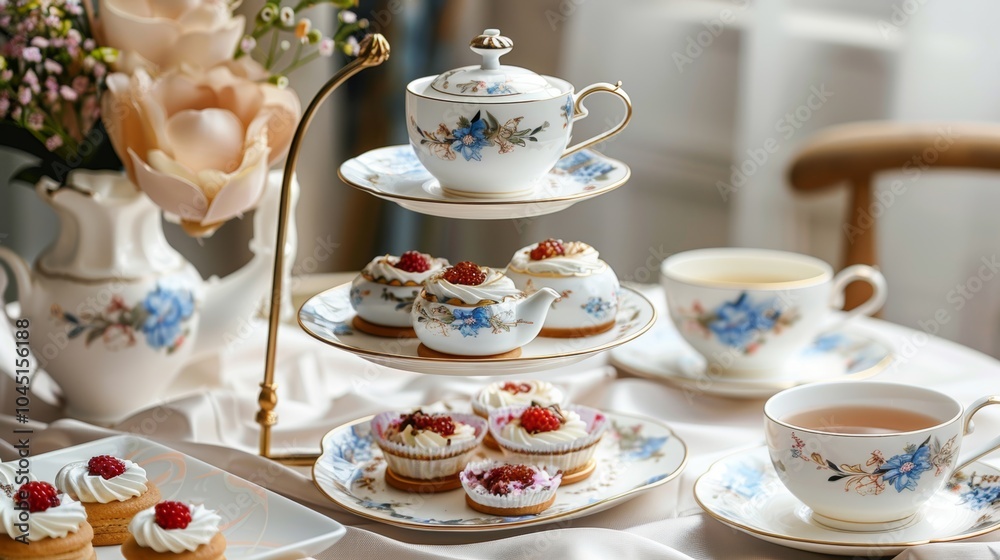 Fototapeta premium Elegant Tea Party Setup with Floral Teacups and Pastries