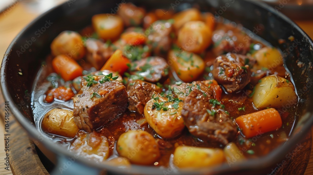 Delicious Beef Stew with Potatoes and Carrots in a Cast Iron Skillet Delicious Beef Stew with Potatoes and Carrots in a Cast Iron Skillet
