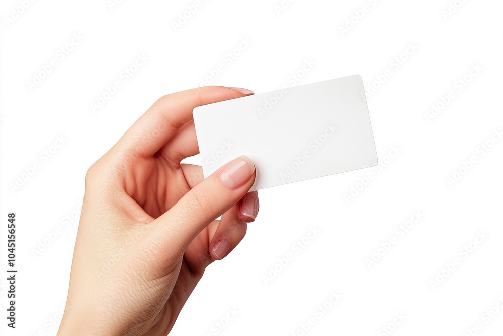 Hand showing credit card, or card, or business card or voucher, isolated on white background, template, mock-up with generative ai Hand showing credit card, or card, or business card or voucher, isolated on white background, template, mock-up with generative ai