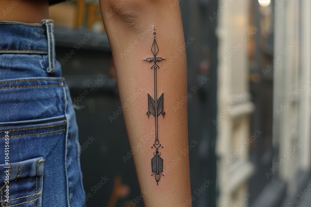 Obraz premium A minimalist arrow tattoo on the forearm, pointing forward.