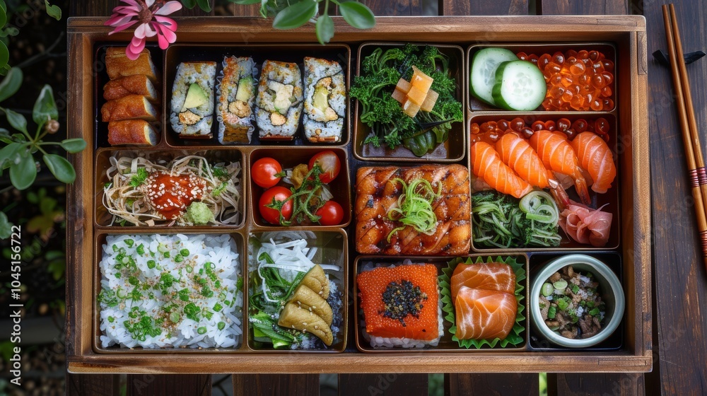 Japanese Bento Box Lunch with Salmon Sushi and Vegetables Japanese Bento Box Lunch with Salmon Sushi and Vegetables