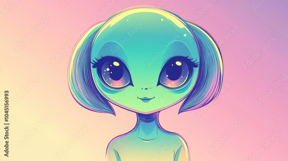 Fototapeta premium Charming cartoon illustration of an adorable alien girl with a soft gradient line design