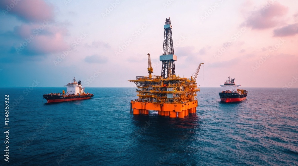 Fototapeta premium Offshore Platform in Calm Seas with Support Vessels
