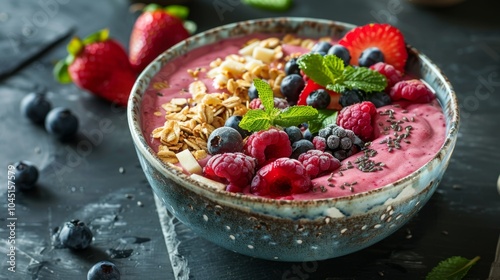 Delicious Berry Smoothie Bowl with Granola Mint and Blueberries