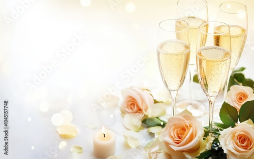 Anniversary: A romantic background with champagne glasses clinking, roses, and candles. The top half of the image is softly blurred, providing room for an anniversary message. 