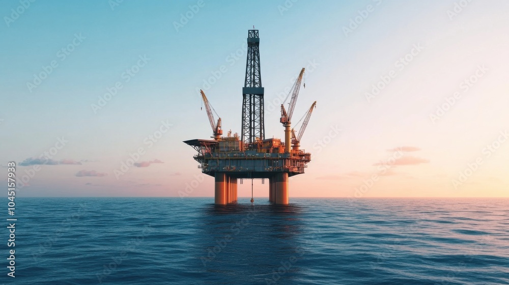 Oil Rig Surrounded by Vast Ocean at Sunset Oil Rig Surrounded by Vast Ocean at Sunset