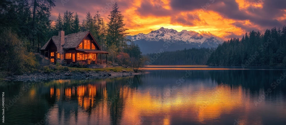 A cozy cabin with lit windows sits on the shore of a lake, overlooking a mountain range at sunset. The water is calm, reflecting the golden sky and the cabin's lights. A cozy cabin with lit windows sits on the shore of a lake, overlooking a mountain range at sunset. The water is calm, reflecting the golden sky and the cabin's lights.