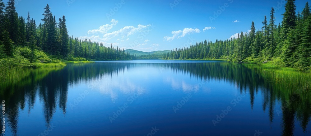 Obraz premium Tranquil lake with a forest reflection in the water.