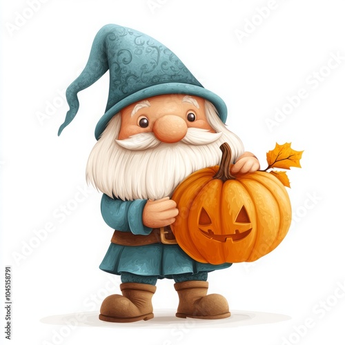 A cheerful gnome holding a carved pumpkin for Halloween.