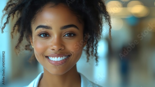 portrait of a confident black woman doctor in a hospital setting, radiating trust and professionalism with a warm smile, highlighting the importance of representation in healthcare