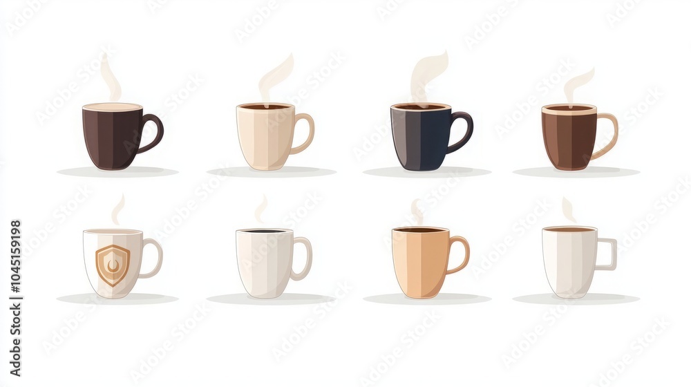 A collection of eight stylized coffee mugs with steam. A collection of eight stylized coffee mugs with steam.