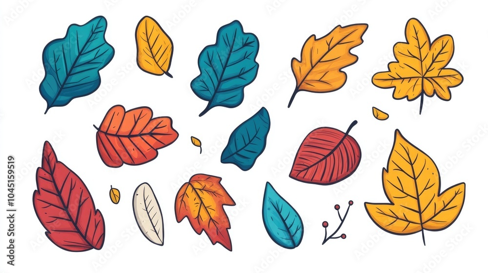 2D cartoon illustration of autumn leaves in a playful doodle design 2D cartoon illustration of autumn leaves in a playful doodle design