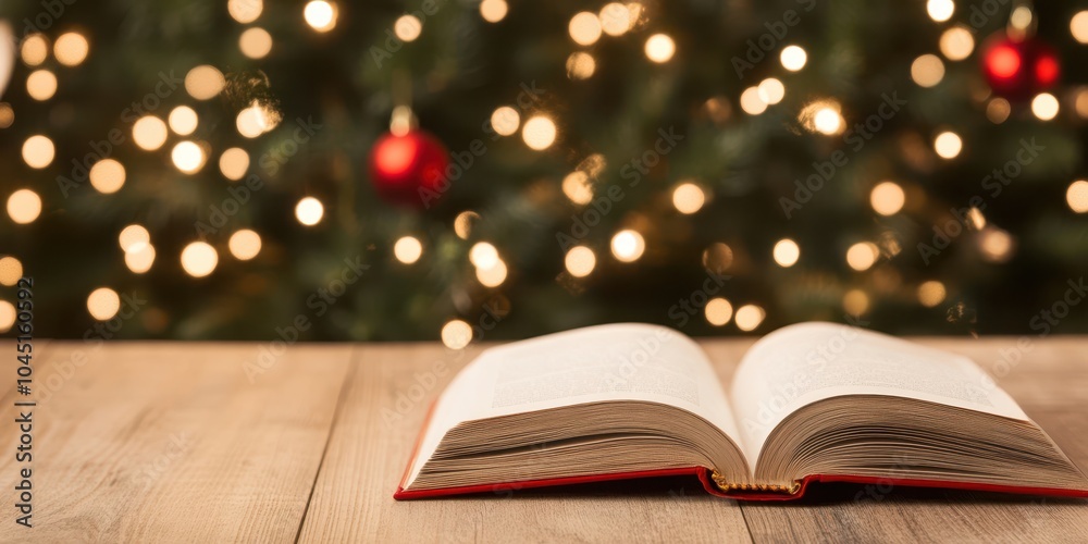 An open book on a wooden table with a festive, blurred background. An open book on a wooden table with a festive, blurred background.