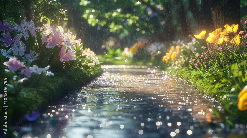 Fototapeta premium Serene Wet Path Through a Colorful Garden Landscape