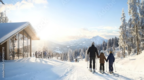 Family Skiing Down Snowy Mountain Slope with Mountain Cabin in Background.