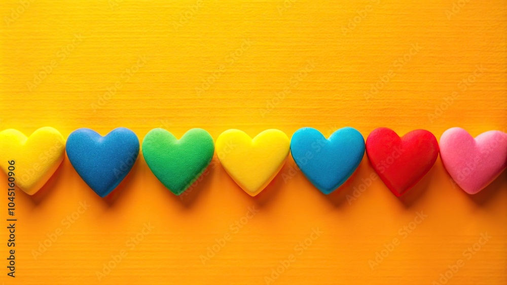 Extreme close-up of multi colored hearts in a row against a yellow background Extreme close-up of multi colored hearts in a row against a yellow background