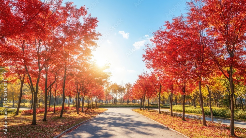 Naklejka premium Scenic Autumn Road Surrounded by Vibrant Trees