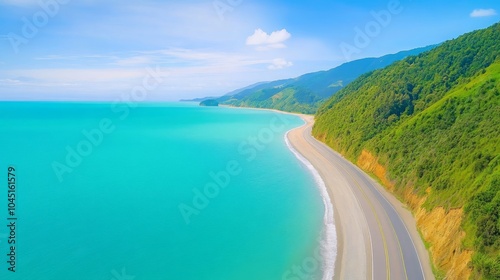 Scenic Coastal Road with Turquoise Water and Green Hills