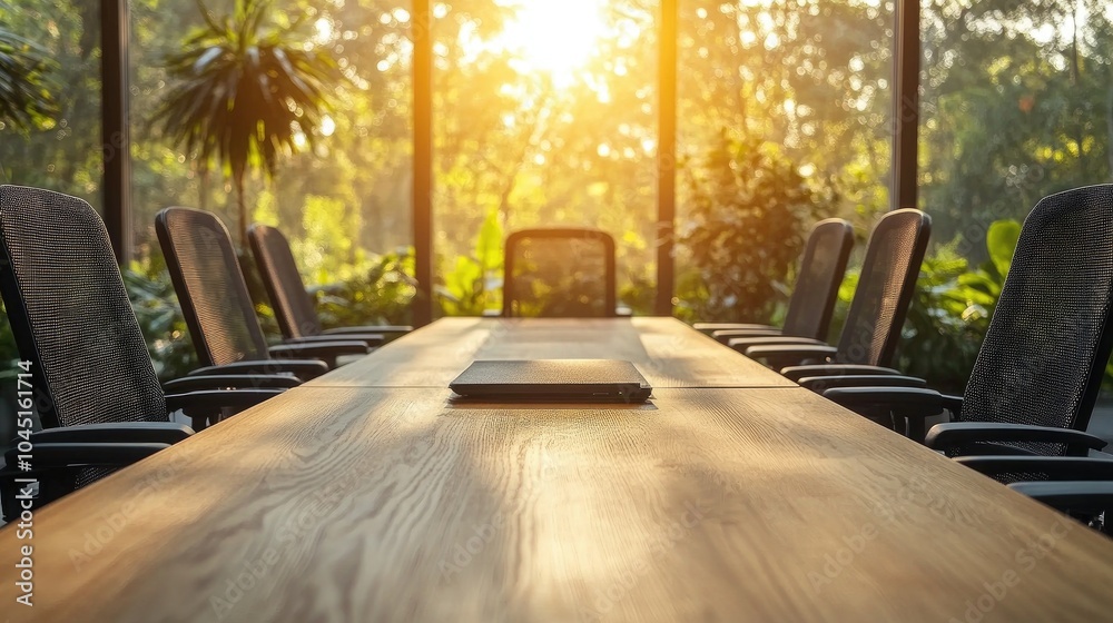 Bright Meeting Room with Long Wooden Table Bright Meeting Room with Long Wooden Table
