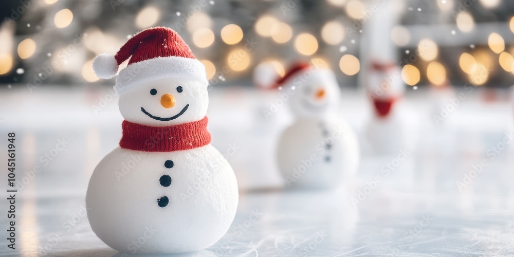 Fototapeta premium Cheerful snowman decorations on a festive background with lights.