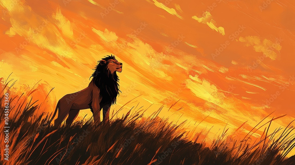 A majestic lion standing proudly on a grassy hill, gazing into the distance with the savanna stretching out behind him under a golden sunset. A majestic lion standing proudly on a grassy hill, gazing into the distance with the savanna stretching out behind him under a golden sunset.
