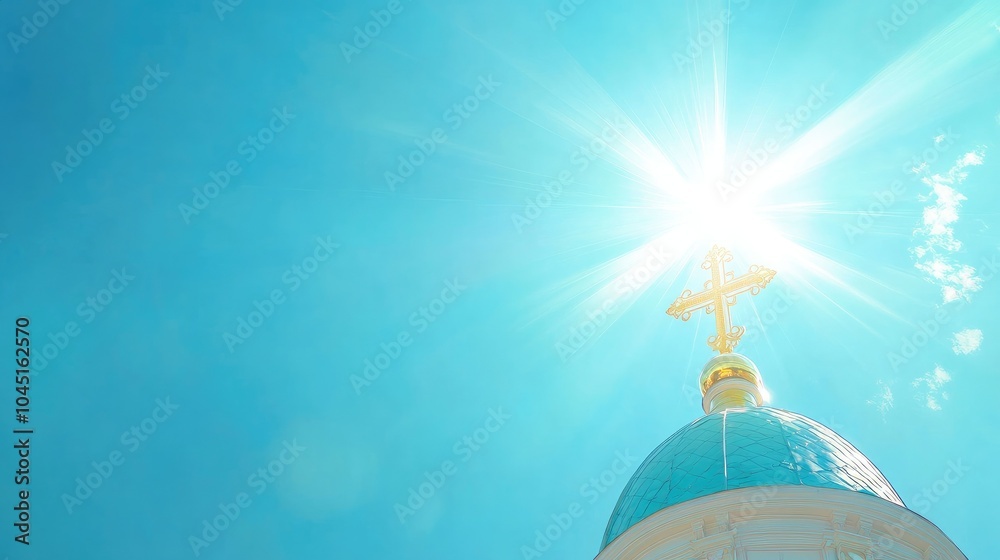 3D A golden cross atop a church dome, shining brightly against a clear blue sky, symbolizing faith reaching upward towards the heavens