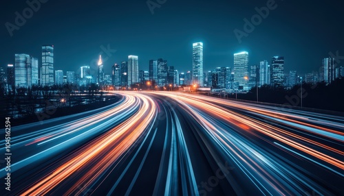 Dynamic cityscape with illuminated highway and skyscrapers at night