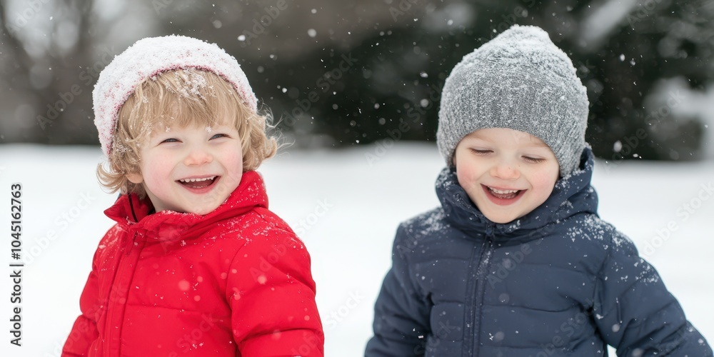Children smiling happily in the snow, wearing warm winter clothing. Children smiling happily in the snow, wearing warm winter clothing.