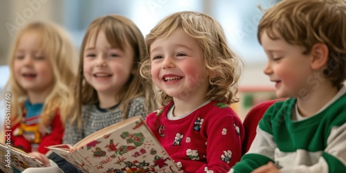 Children smiling and reading books in a bright classroom setting.
