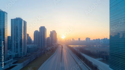 Cityscape Skyline at Sunset with Highway and Buildings