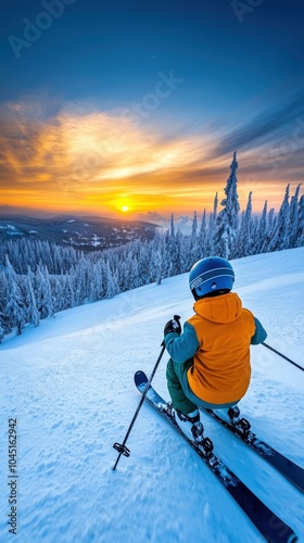 Skier Enjoying Stunning Mountain Sunset. photo