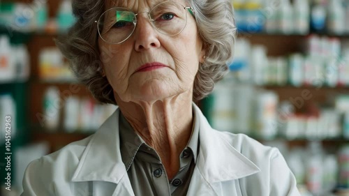 Woman in a white lab coat stands in front of a pharmacy with a stern expression on her face