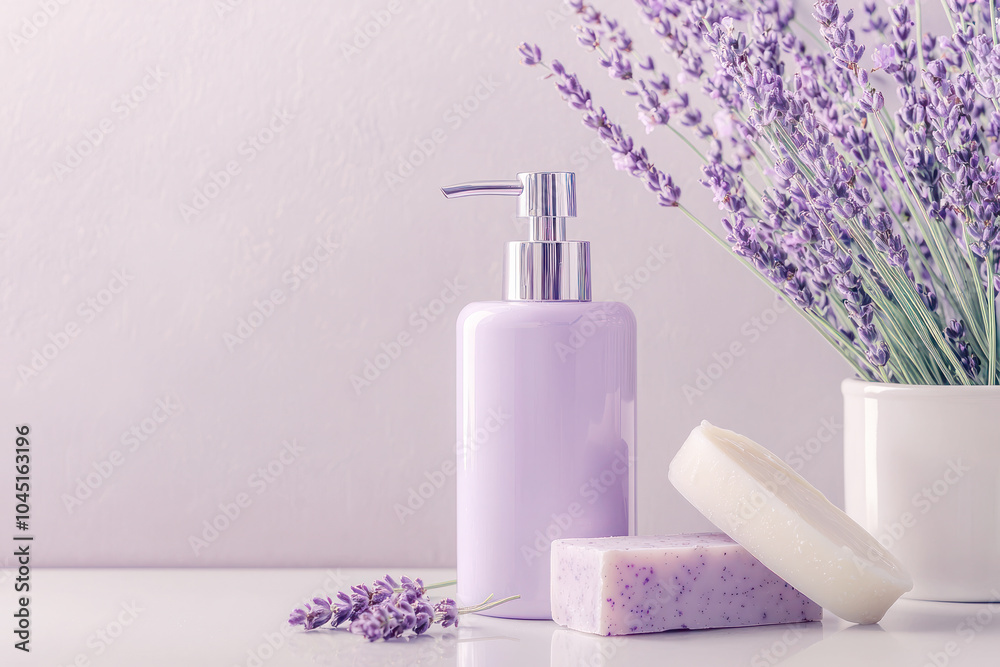 Lavender-themed soap and lotion bottles next to fresh lavender flowers, creating a calming spa setting. Lavender-themed soap and lotion bottles next to fresh lavender flowers, creating a calming spa setting.