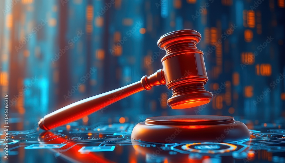 Futuristic Neon Gavel in Digital Environment Futuristic Neon Gavel in Digital Environment