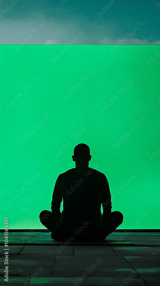 Silhouette of a man sitting with his back on the camera on the edge of a rooftop watching instead of the sky a green screen background Silhouette of a man sitting with his back on the camera on the edge of a rooftop watching instead of the sky a green screen background