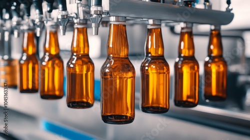 Bottling Process Brown Glass Beer Bottles on Conveyor Belt