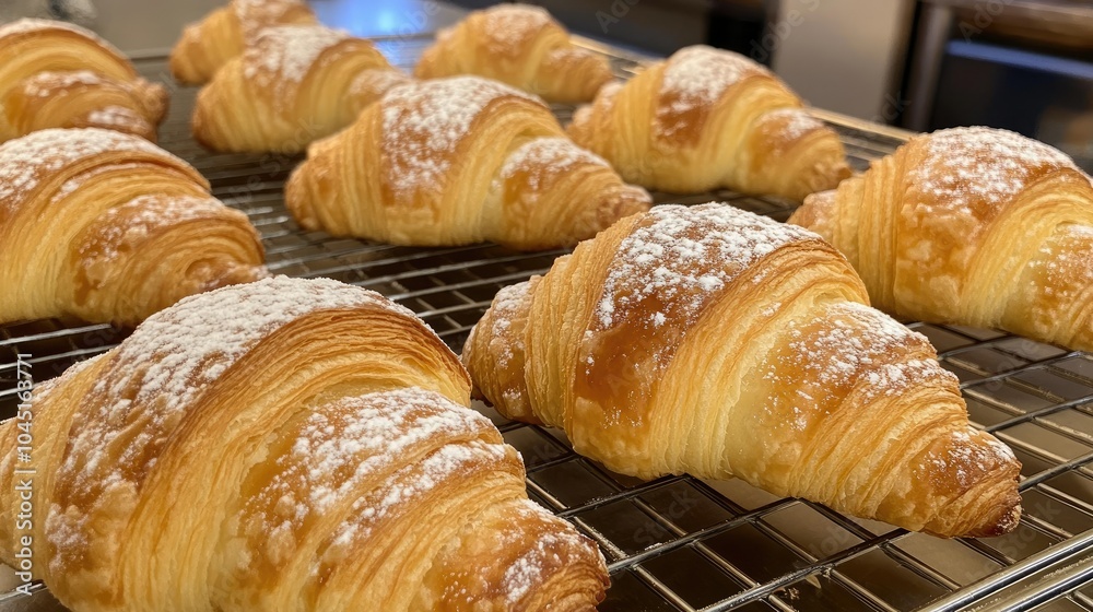 A shot of fresh croissants cooling on a rack in a bakery, with a light dusting of powdered sugar on top. A shot of fresh croissants cooling on a rack in a bakery, with a light dusting of powdered sugar on top.