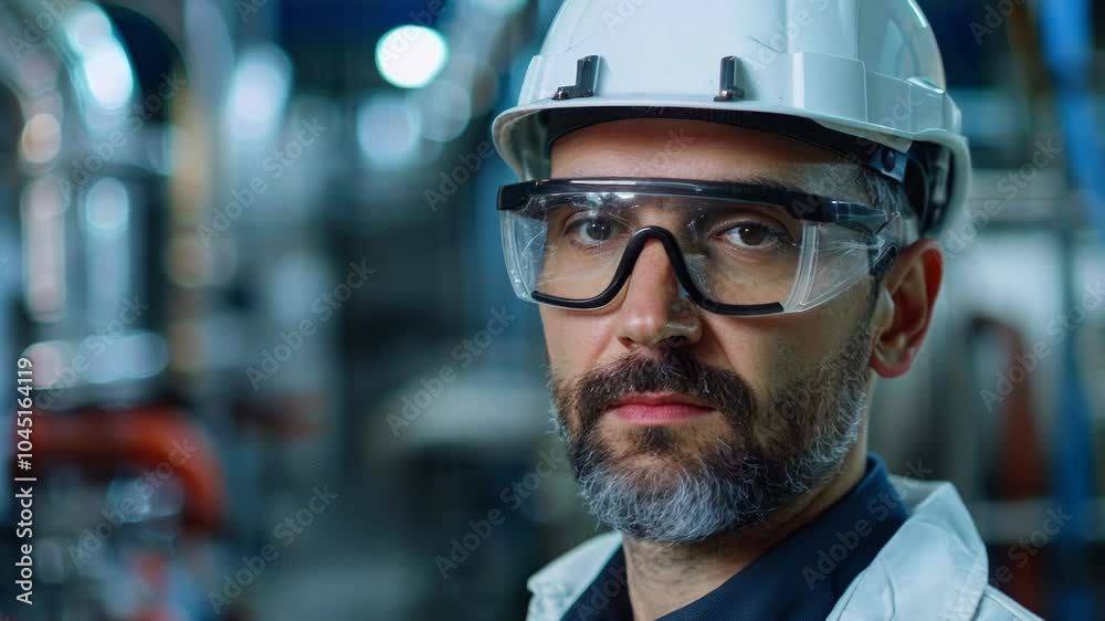 Man wearing a white lab coat and safety goggles is standing in a factory. He is wearing a hard hat and he is a worker in a hazardous environment Man wearing a white lab coat and safety goggles is standing in a factory. He is wearing a hard hat and he is a worker in a hazardous environment